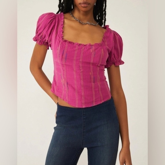 Free People Tops - NWT Free People Seratonin Corset Smocked Puff Sleeve Top Raspberry Pink Medium